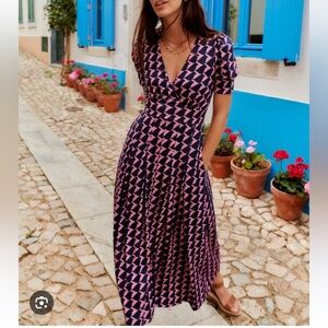 BODEN Kristen Pleated Jersey Dress Strawberry Sherbet Geometric Birdie Print 6P